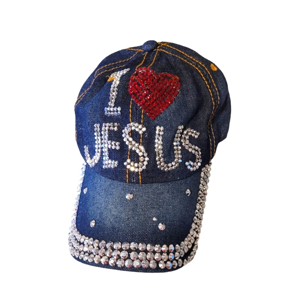 Blue denim, I love Jesus Hat.